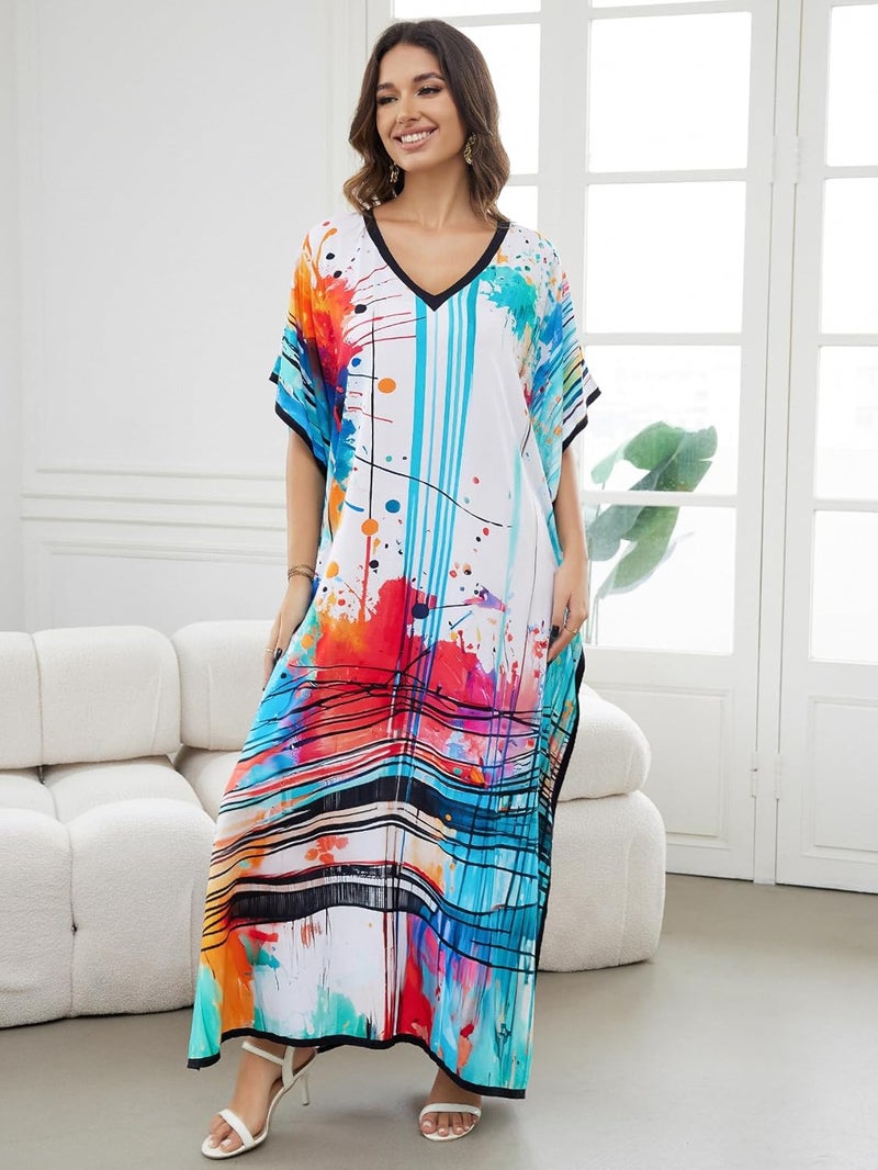 IMAGEKOPE Women's Plus Size Loose Fit Moroccan Print V-Neck Batwing Kaftan Beach Dress Bathing Suit Cover Up - Image 4